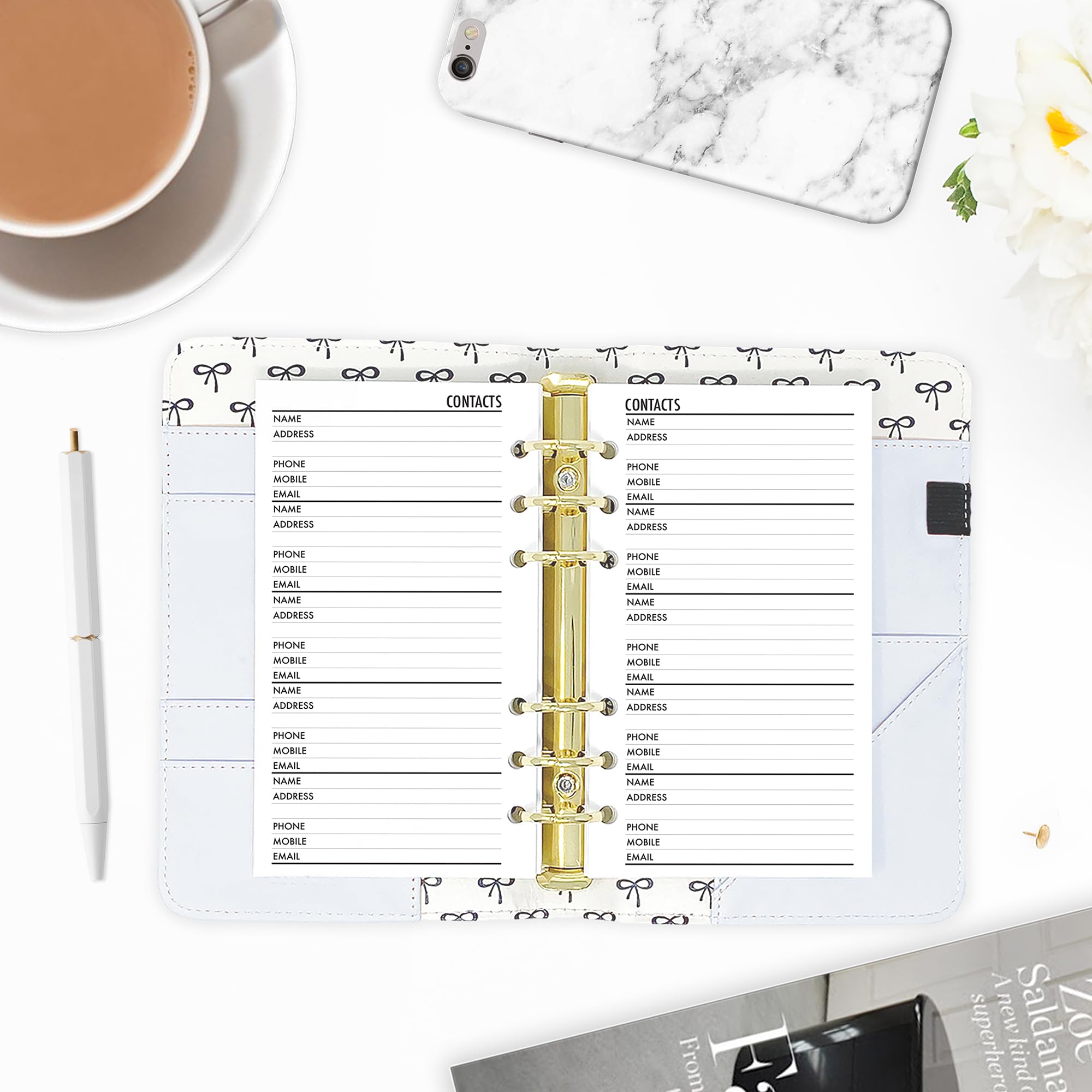 Personal size Contacts Address Book Planner Insert Refill, 3.74 x 6.73 inches, Pre-Punched for 6-Rings to Fit Filofax, LV MM, Kikki K and Other Binders, Choose Quantity