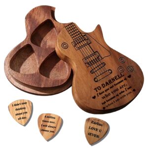 custom guitar pick holder with 3 pcs wooden guitar picks, personalized guitar pick case box, engraved name,text,customized gift for dad,husband,boyfriend,son,friends