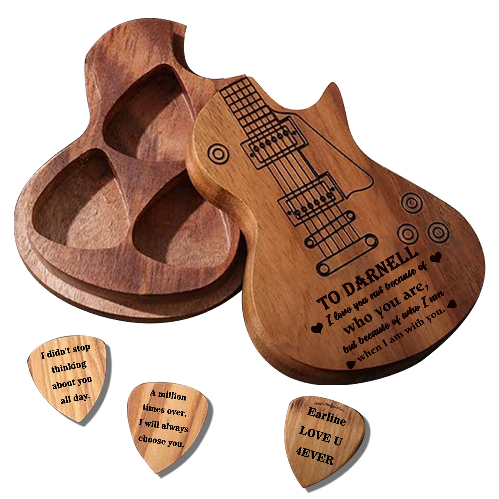 Custom Guitar Pick Holder with 3 Pcs Wooden Guitar Picks, Personalized Guitar Pick Case Box, Engraved Name,Text,Customized Gift for Dad,Husband,Boyfriend,Son,Friends