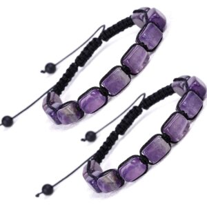 HESHPAWS 2 Pack Genuine Amethyst Adjustable Bracelets Crystal Healing Stones Bracelets Supernatural Reiki Bead Bracelets for Women Men (Amethyst)