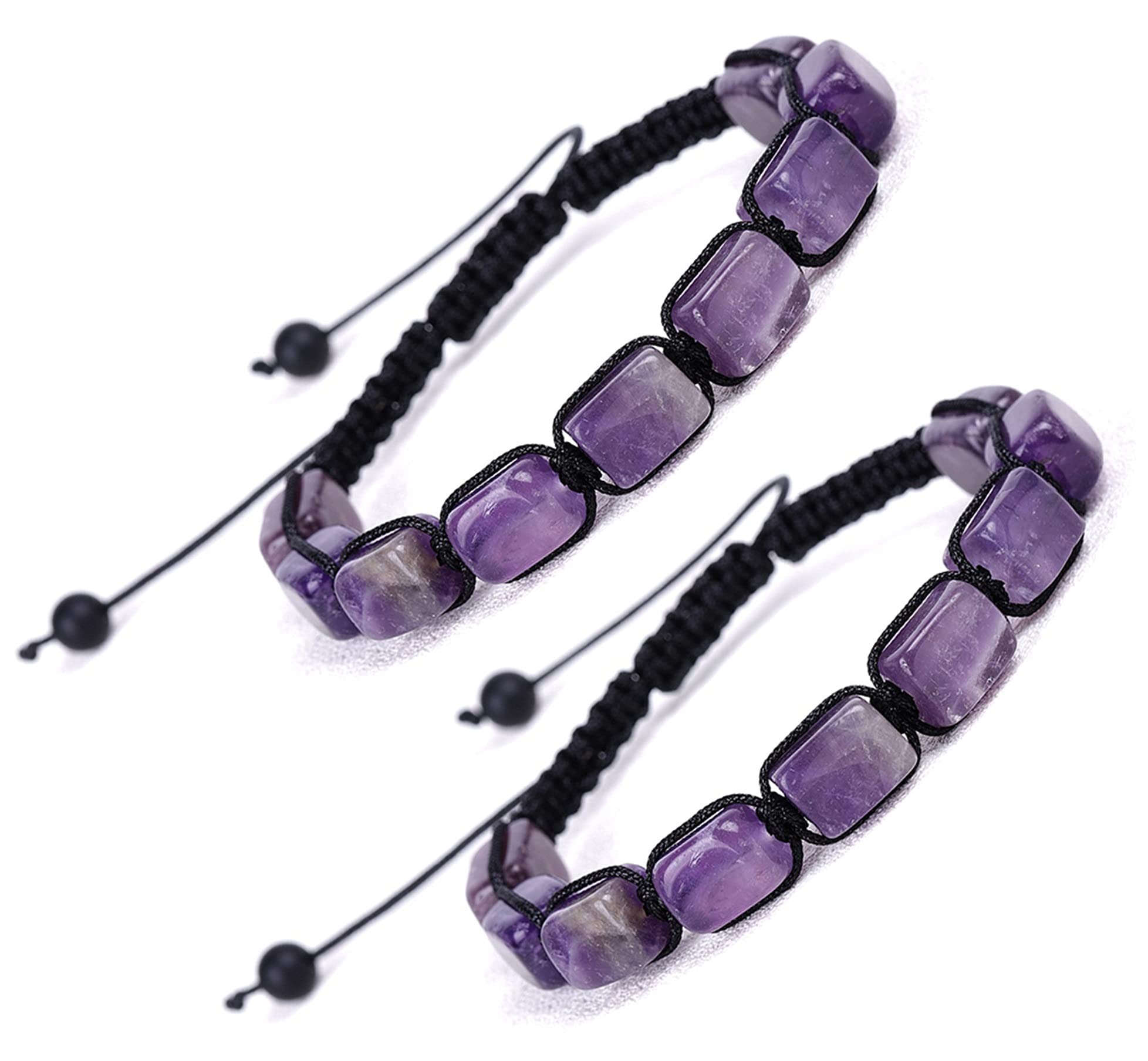 HESHPAWS 2 Pack Genuine Amethyst Adjustable Bracelets Crystal Healing Stones Bracelets Supernatural Reiki Bead Bracelets for Women Men (Amethyst)