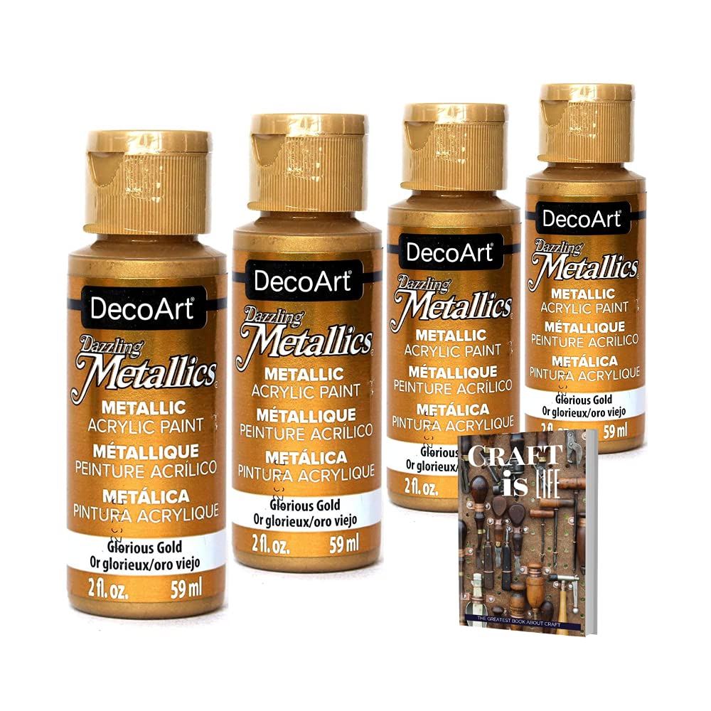 DecoArt Dazzling Metallics - 2 Ounce 4 Pack Glorious Gold Acrylic Paint Set Gold Metallic Acrylic Paint Art Supplies- Art Projects, Home Decor- E-book