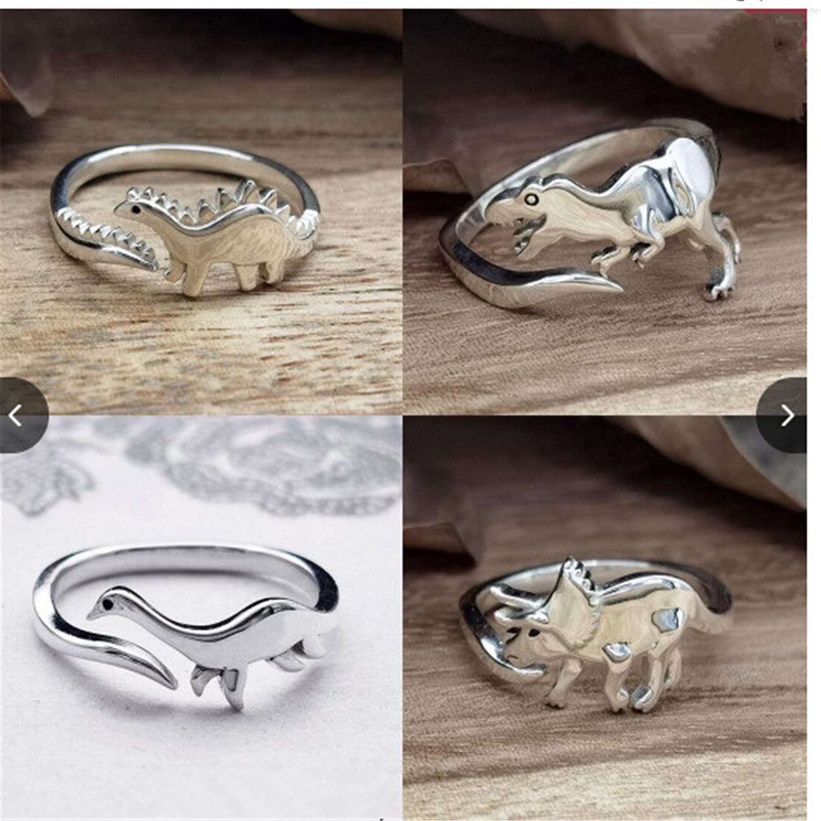 Caiyao 4Pcs Cute Dinosaur Tyrannosaurus Triceratops Ring Set 14K Silver Plated Lovely Opening Adjustable Polished Animal Ring for Women Men Jurassic Bar Era Dinosaur Jewelry Gift-A 4pcs