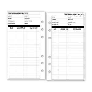 personal debt repayment planner insert refill, 3.74 x 6.73 inches, pre-punched for 6-rings to fit filofax, lv mm, kikki k and other binders, 30 sheets per pack