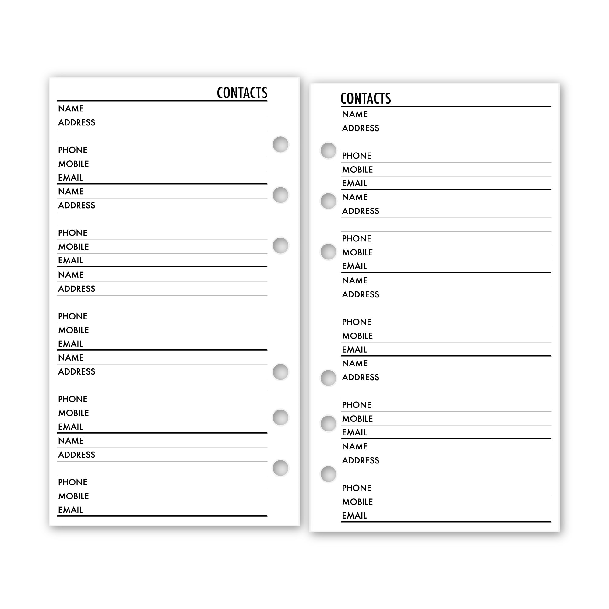 Personal size Contacts Address Book Planner Insert Refill, 3.74 x 6.73 inches, Pre-Punched for 6-Rings to Fit Filofax, LV MM, Kikki K and Other Binders, Choose Quantity