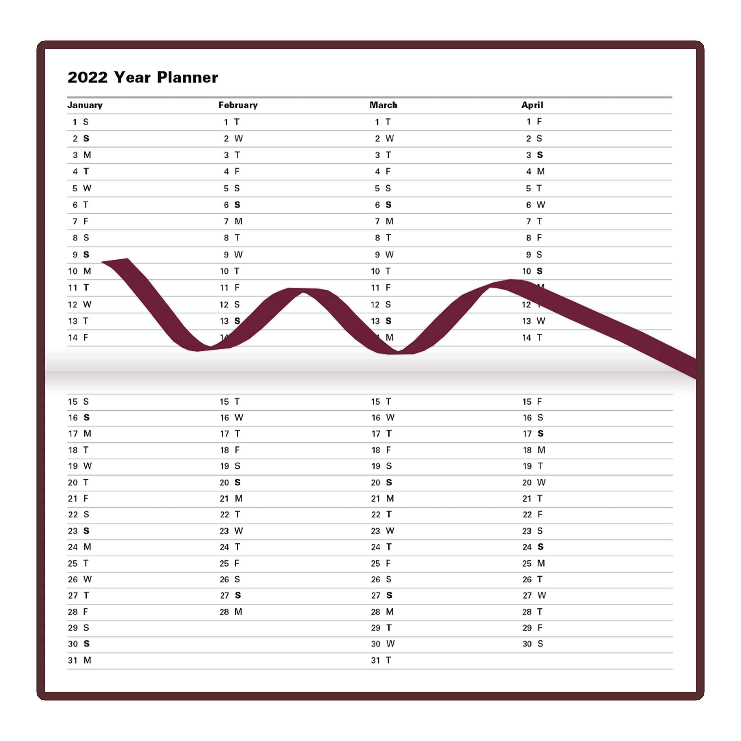 LETTS Classic Weekly/Monthly Planner, 12 Months, January to December, 2022, Week-to-View with Appointments, Gold Corners, Horizontal, 6.625" x 3.25", Burgundy (C32SBY-22)