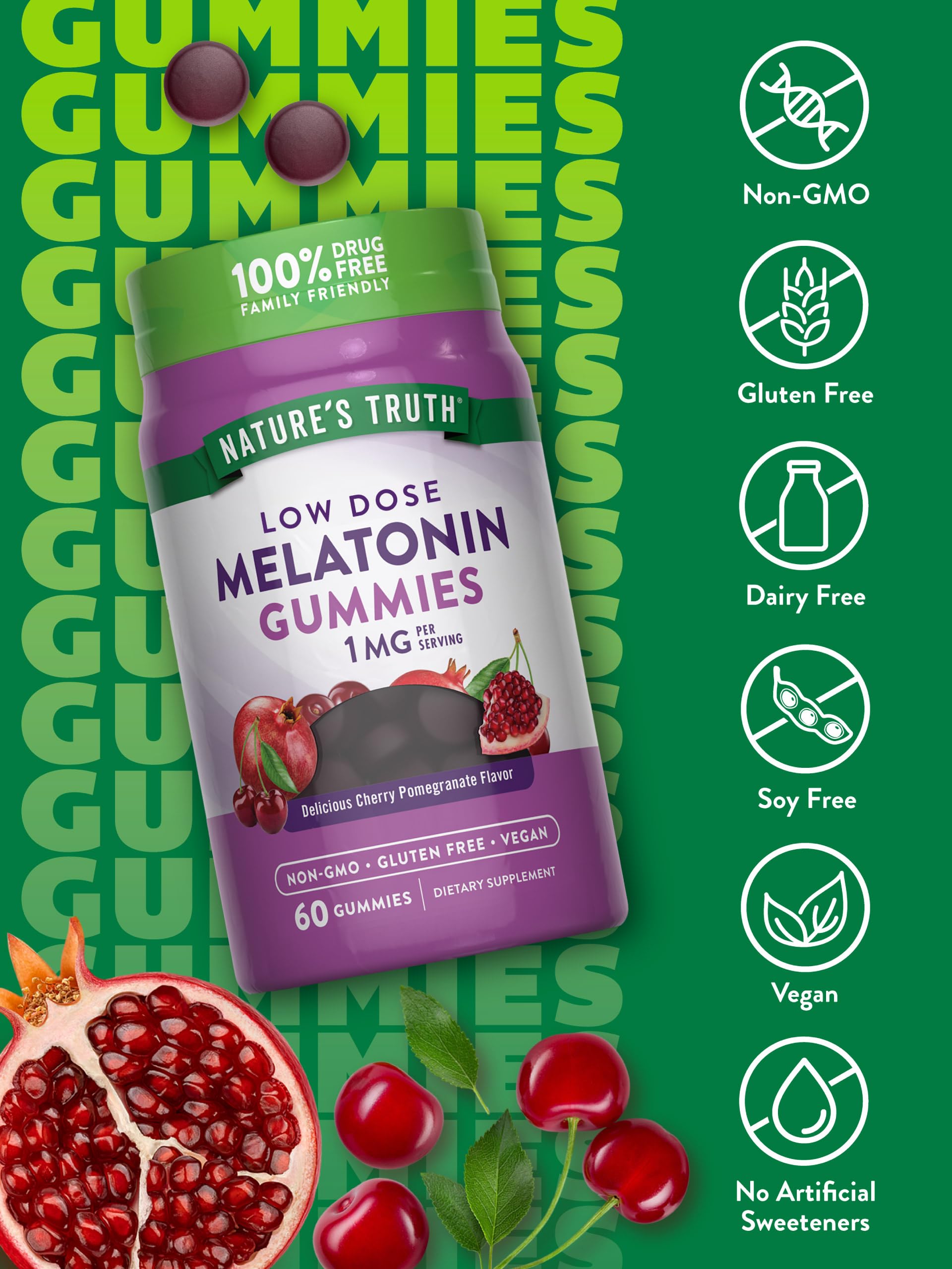 Nature's Truth Melatonin Gummies | 1mg | 60 Count | Cherry Pomegranate Flavor | Vegan, Non-GMO & Gluten Free Supplement