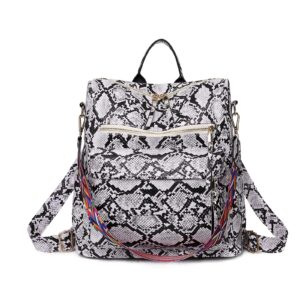 vensivy women's snake print backpack snakeskin purse handbag shoulder bag casual multipurpose tote travel rucksack (white)