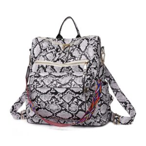 Vensivy Women's Snake Print Backpack Snakeskin Purse Handbag Shoulder Bag Casual Multipurpose Tote Travel Rucksack (White)