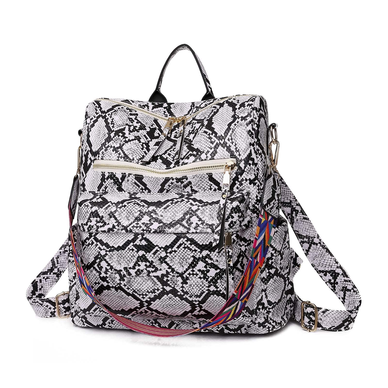 Vensivy Women's Snake Print Backpack Snakeskin Purse Handbag Shoulder Bag Casual Multipurpose Tote Travel Rucksack (White)