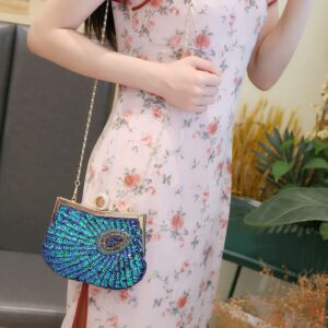 Peacock Evening Bag Sequins Beaded Clutch Purse with Ring Lock Closure for Wedding Party Peacock Blue