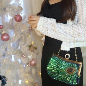 Peacock Evening Bag Sequins Beaded Clutch Purse with Ring Lock Closure for Wedding Party Peacock Blue