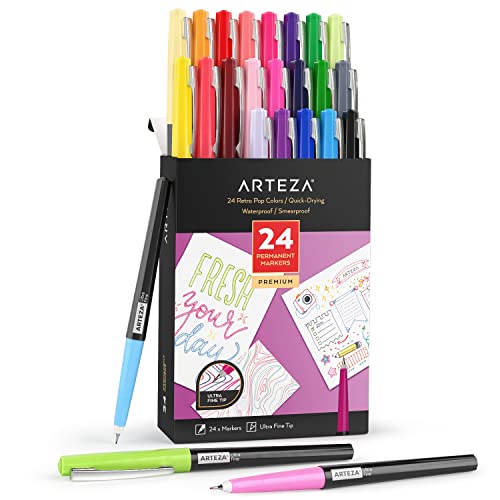 ARTEZA Permanent Markers, Set of 24, Ultra-Fine Tip, Retro Pop Colors