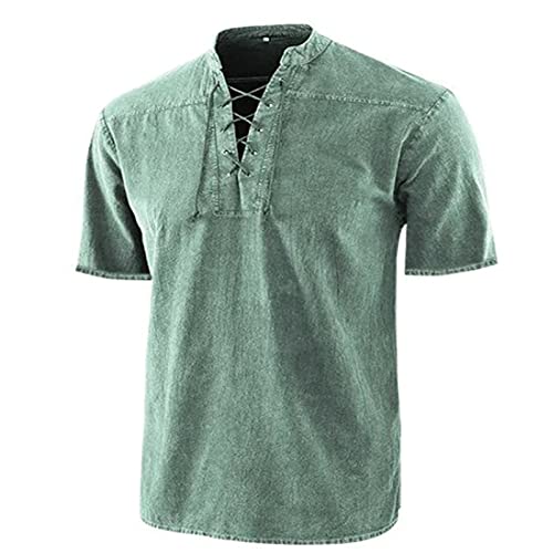 GDJGTA Cotton Linen Henley Shirt for Men Drawstring Short Sleeve Hippie Casual Lace Up T Shirt Summer Beach Tops, Green, XL