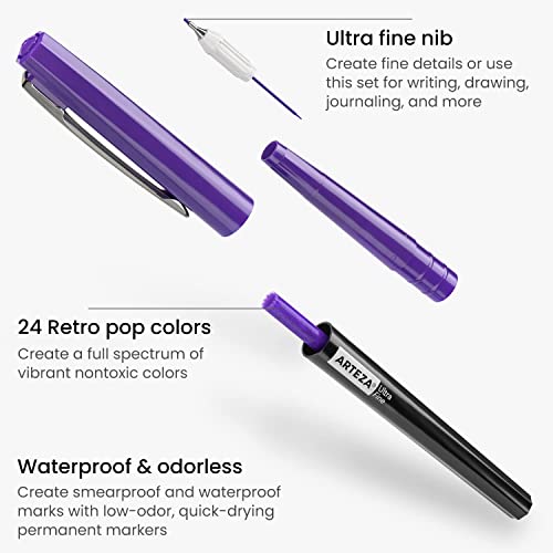 ARTEZA Permanent Markers, Set of 24, Ultra-Fine Tip, Retro Pop Colors