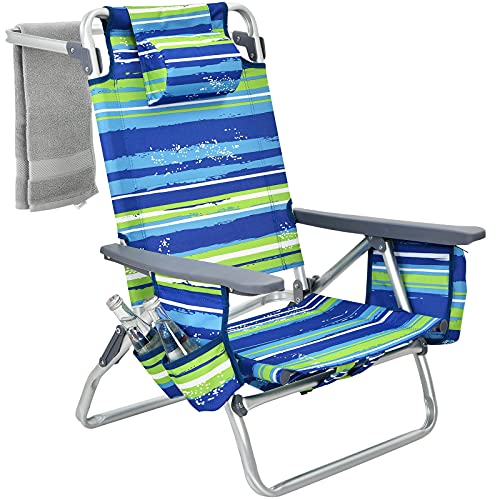 Giantex Beach Chair 2-Pack Sling Camping / Sunbathing Chairs with 5 Adjustable Position, Head Pillow, Storage Bag, Towel Bar, Cup Holders, Folding Fishing Backpack Lawn Chairs