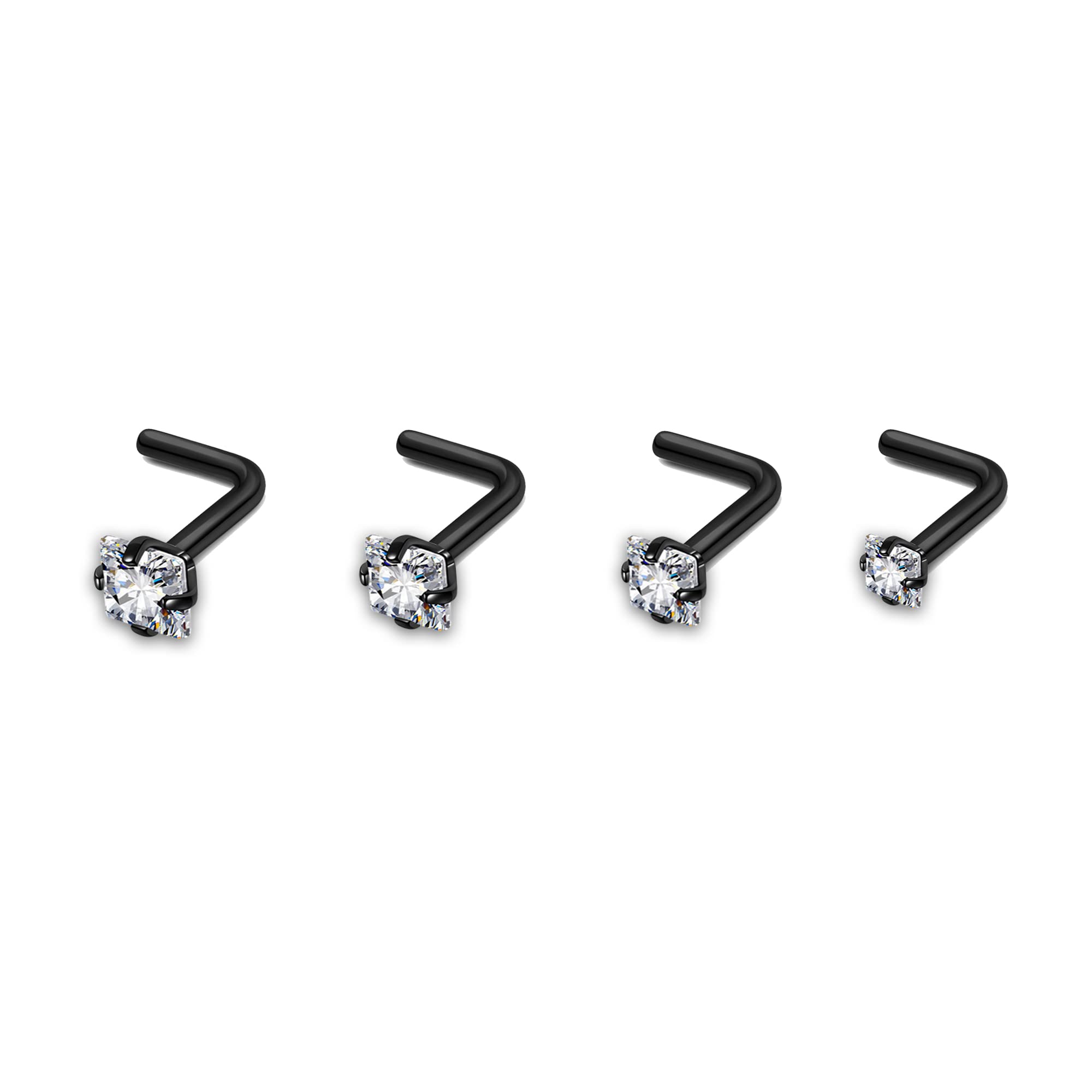 AllerPierce 20G 20Pcs Nose Studs Rings Stainless Steel CZ Black L Shape Stud Nose Piercing Jewelry for Women Men Hypoallergenic Nose Pin 1.5mm 2mm 2.5mm 3mm