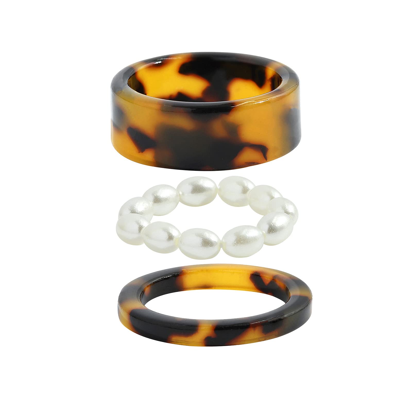 3Pcs Set Resin Colorful Wide Thick Leopard Pearl Knuckle Finger Stackable Joint Ring Retro Acrylic Transparent Vintage Jewelry Party Elegant Handmade Gift Round Geometric-Dark Brown