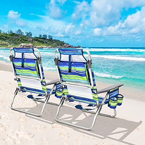 Giantex Beach Chair 2-Pack Sling Camping / Sunbathing Chairs with 5 Adjustable Position, Head Pillow, Storage Bag, Towel Bar, Cup Holders, Folding Fishing Backpack Lawn Chairs