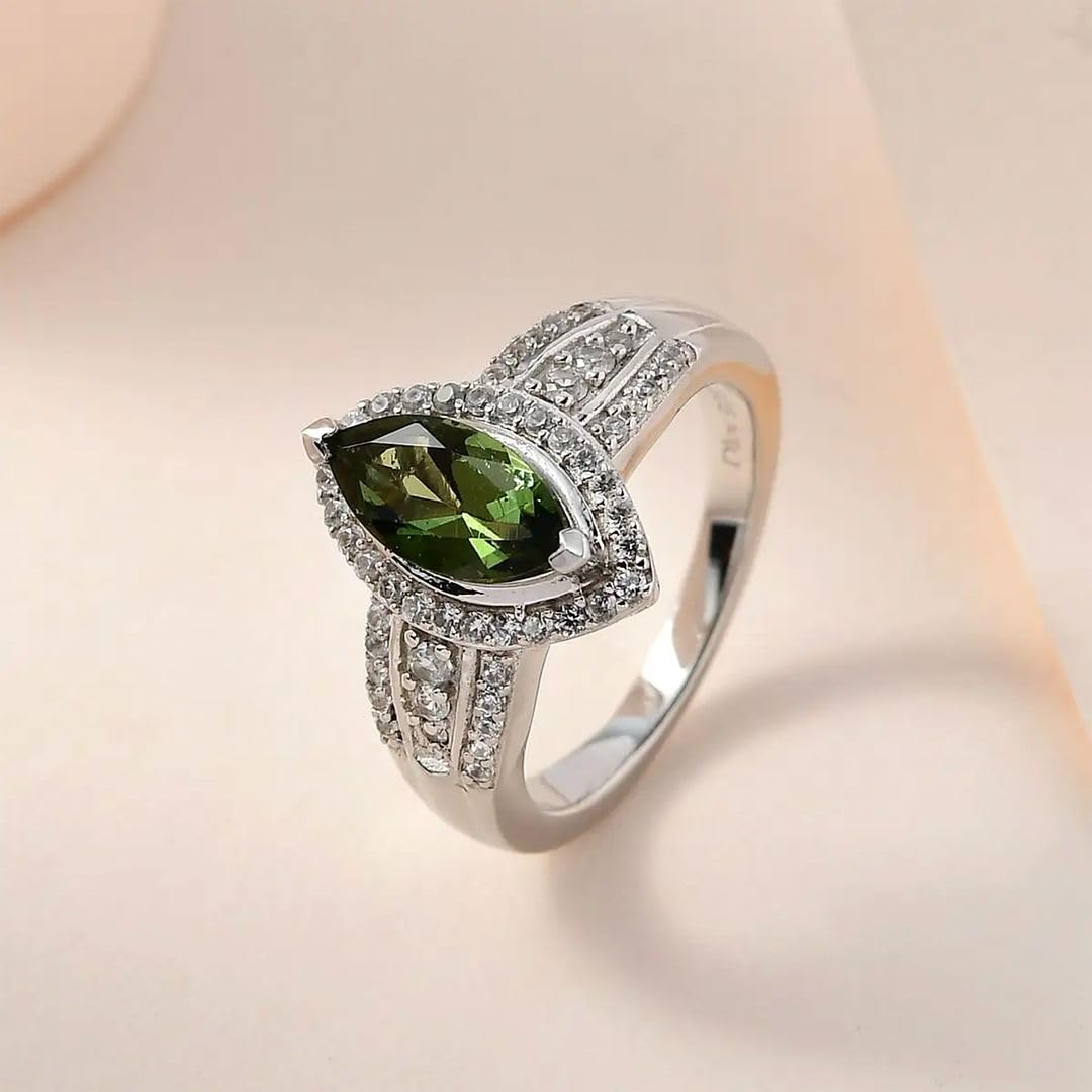 SHOP LC Ct 1 925 Sterling Silver Moldavite Promise Ring for Women Jewelry Engagement Anniversary Wedding Promise Platinum Plated Zircon Bride Size 8 Birthday Gifts for Women