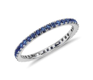 etneyjewels 0.5 carat blue sapphire round cut stackable eternity rings for women in 10k white gold anniversary and wedding pave setting (blue gemstone 0.5 ctw, color: blue, clarity: vs, 8.5)