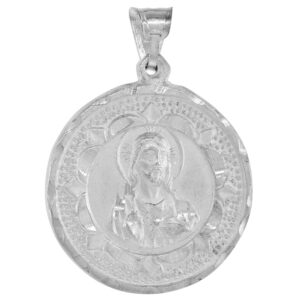 1 1/16 inch Round Sterling Silver Double Sided Our Lady of Guadalupe & Sacred Heart of Jesus Medal Pendant for Men 27 mm Round