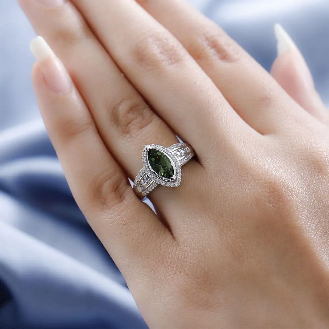 SHOP LC Ct 1 925 Sterling Silver Moldavite Promise Ring for Women Jewelry Engagement Anniversary Wedding Promise Platinum Plated Zircon Bride Size 8 Birthday Gifts for Women