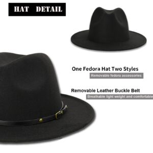 Womens Vintage Wide-Brim Fedora-Hat with Belt-Buckle Panama Hat for Women (Black 1pc, M:56-58cm/22.4-23.2inch)