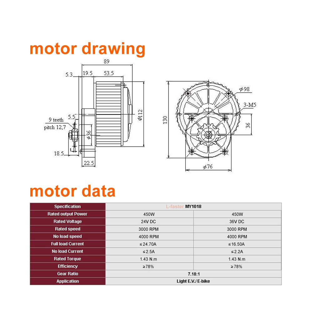 L-faster Freewheel 36V 450W Electric Bike DC Motor Electric Scooter Motor Electric Bicycle Conversion Kit Gear Reduction Motor DIY Ebike (24V 450W kit)