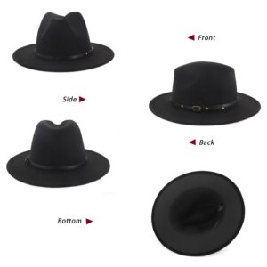 Womens Vintage Wide-Brim Fedora-Hat with Belt-Buckle Panama Hat for Women (Black 1pc, M:56-58cm/22.4-23.2inch)