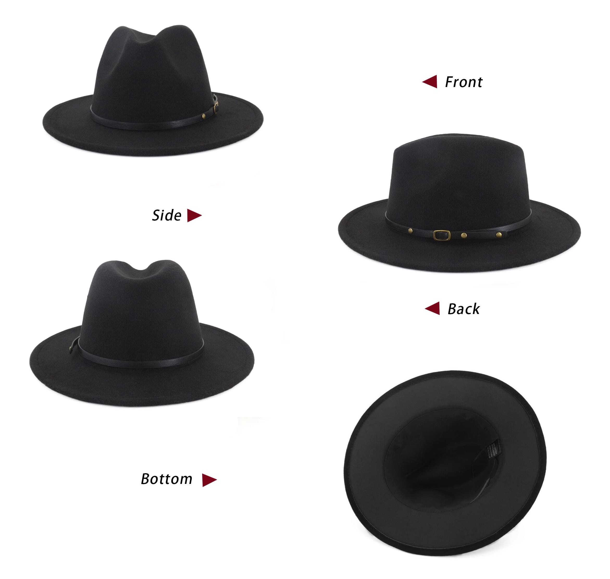 Womens Vintage Wide-Brim Fedora-Hat with Belt-Buckle Panama Hat for Women (Black 1pc, M:56-58cm/22.4-23.2inch)