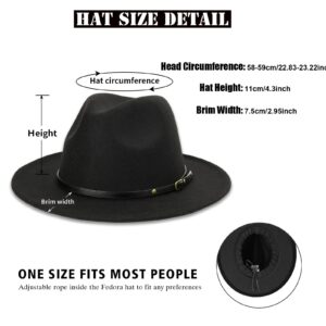 Womens Vintage Wide-Brim Fedora-Hat with Belt-Buckle Panama Hat for Women (Black 1pc, M:56-58cm/22.4-23.2inch)