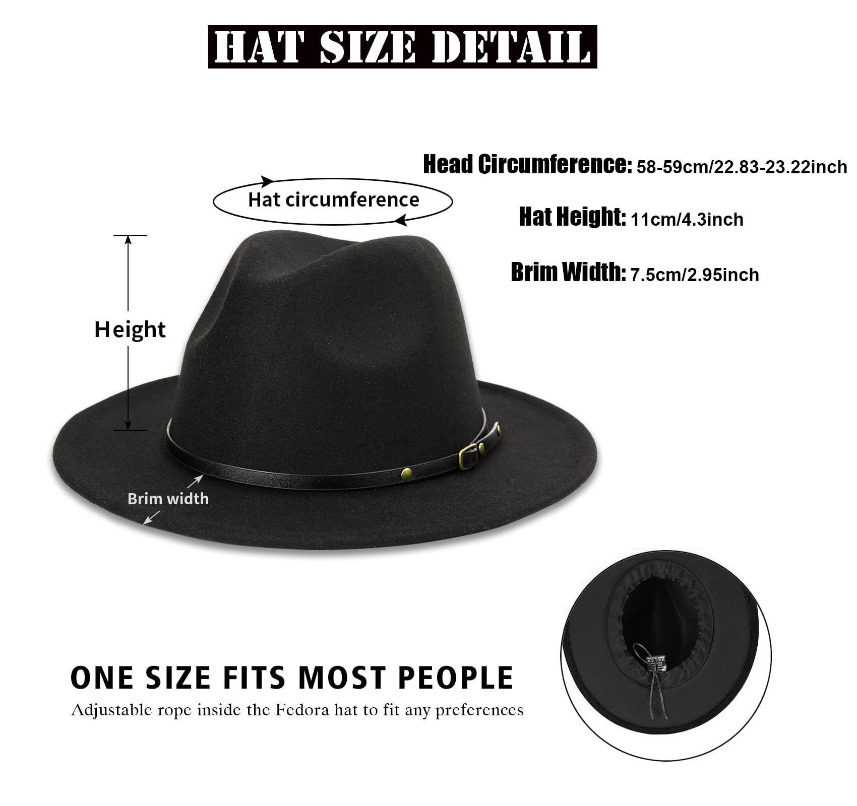 Womens Vintage Wide-Brim Fedora-Hat with Belt-Buckle Panama Hat for Women (Black 1pc, M:56-58cm/22.4-23.2inch)