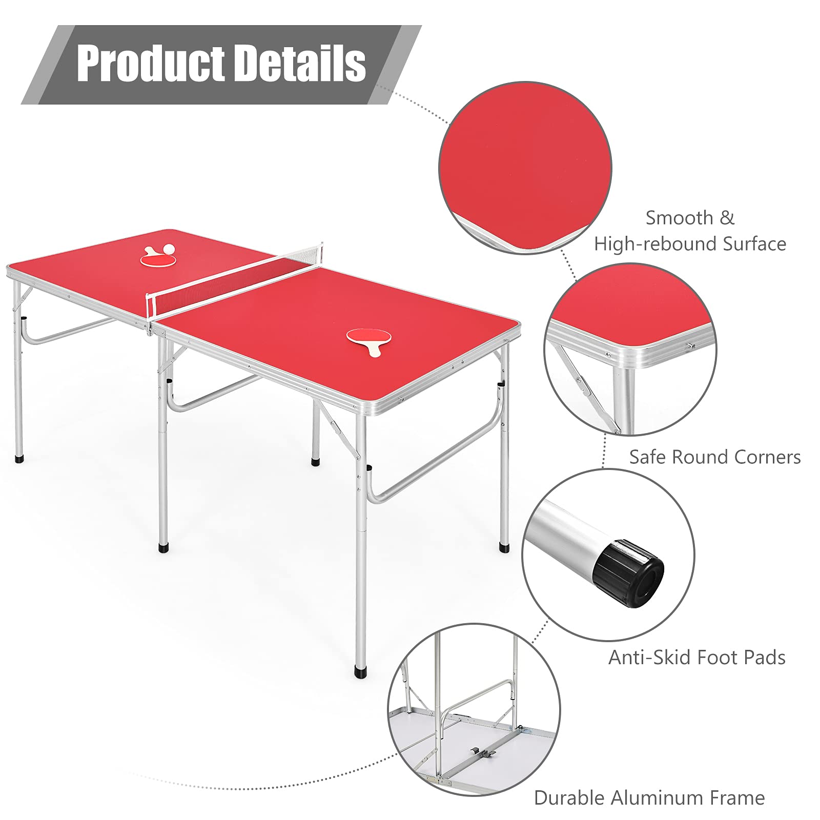 Goplus Foldable Ping Pong Table, 100% Preassembled, Portable Table Tennis Table Game Set with Net, 2 Table Tennis Paddles and Ping Pong Balls for Indoor Outdoor Use (Red-60'')