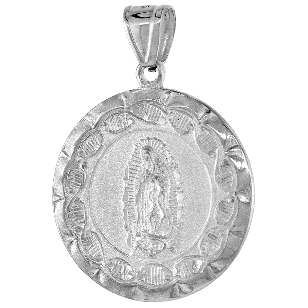 1 1/16 inch Round Sterling Silver Double Sided Our Lady of Guadalupe & Sacred Heart of Jesus Medal Pendant for Men 27 mm Round