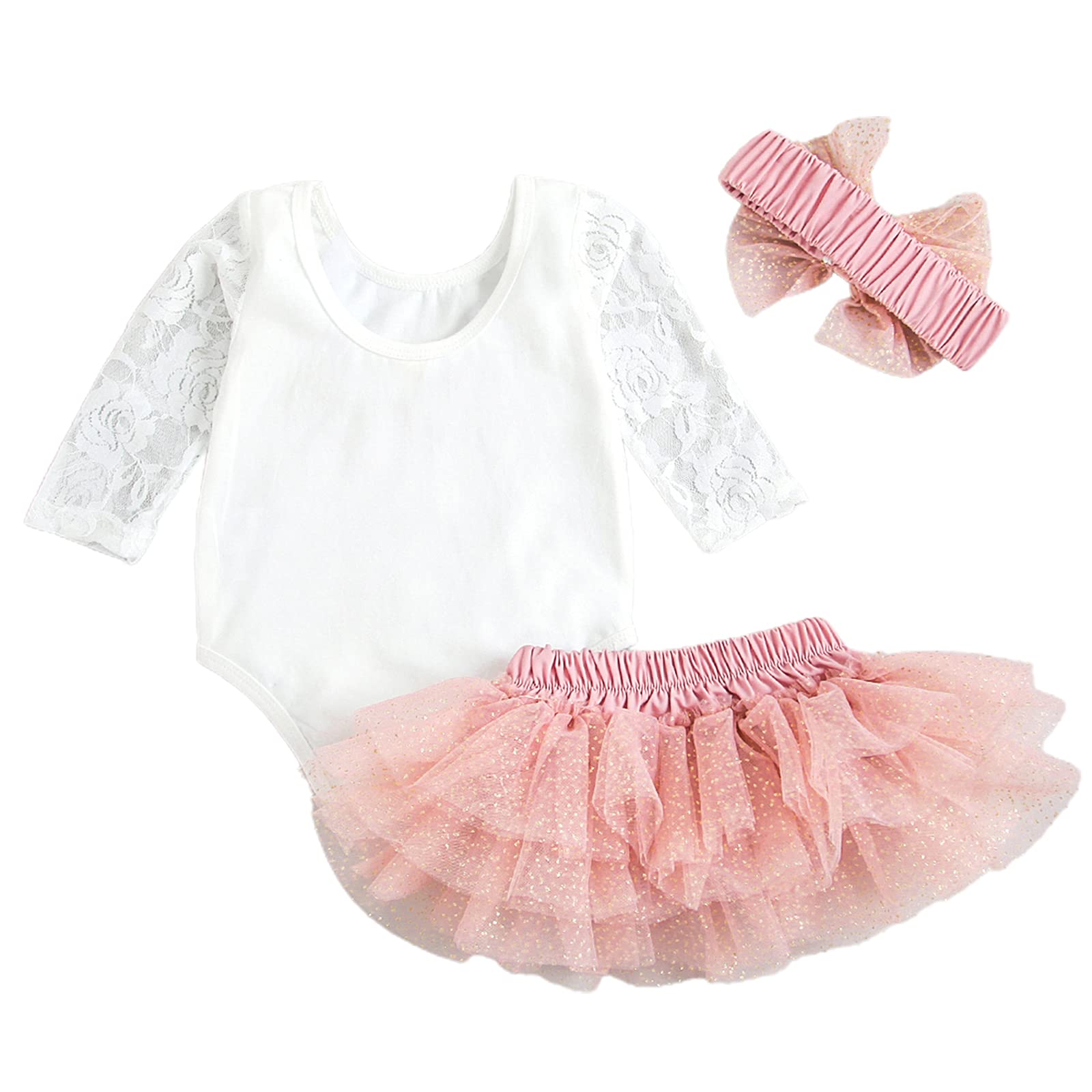 Baby Girls My 1st Birthday Outfits Long Sleeve Floral Lace Romper + Tutu Skirt + Headband Set (Pink, 12-18 Months)