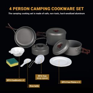 Bulin Camping Cookware Mess kit, Backpack Portable Campfire Cooking Pots Pans Kettle Set, Durable Lightweight Aluminum Cook Gear for Open Fire Hiking, Outdoor, Picnic (BPA Free Bowls, Plates)