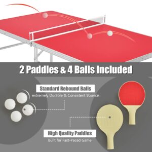 Goplus Foldable Ping Pong Table, 100% Preassembled, Portable Table Tennis Table Game Set with Net, 2 Table Tennis Paddles and Ping Pong Balls for Indoor Outdoor Use (Red-60'')