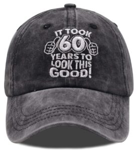 vintage 60th birthday gifts baseball cap, funny embroidered adjustable washed cotton hats for men women black