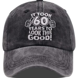 Vintage 60th Birthday Gifts Baseball Cap, Funny Embroidered Adjustable Washed Cotton Hats for Men Women Black