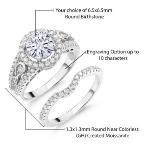 925 Sterling Silver Customized and Personalized Name Engraved Round Gemstone Birthstone and White Moissanite Wedding Engagement Ring Band Bridal Set For Women (1.74 Cttw, Available In Size 5,6,7,8,9)