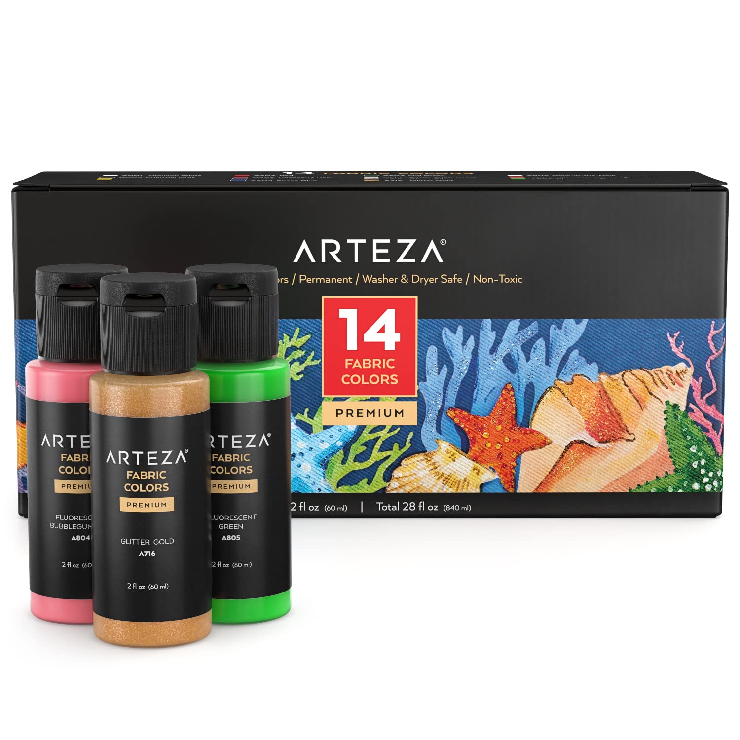 ARTEZA Fabric Paint, Set of 14, Permanent Acrylic Paint, Textile Paint for Drawing on T-Shirts, Denim, Cotton, Linen, and Mixed Fabrics