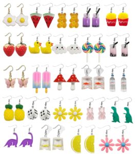 jewdreamer 24 pairs cute earrings weird earrings set funny kawaii earrings fruit gummy bear duck water bottle goldfish dinosaur mushroom butterfly strawberry dangle earrings for women