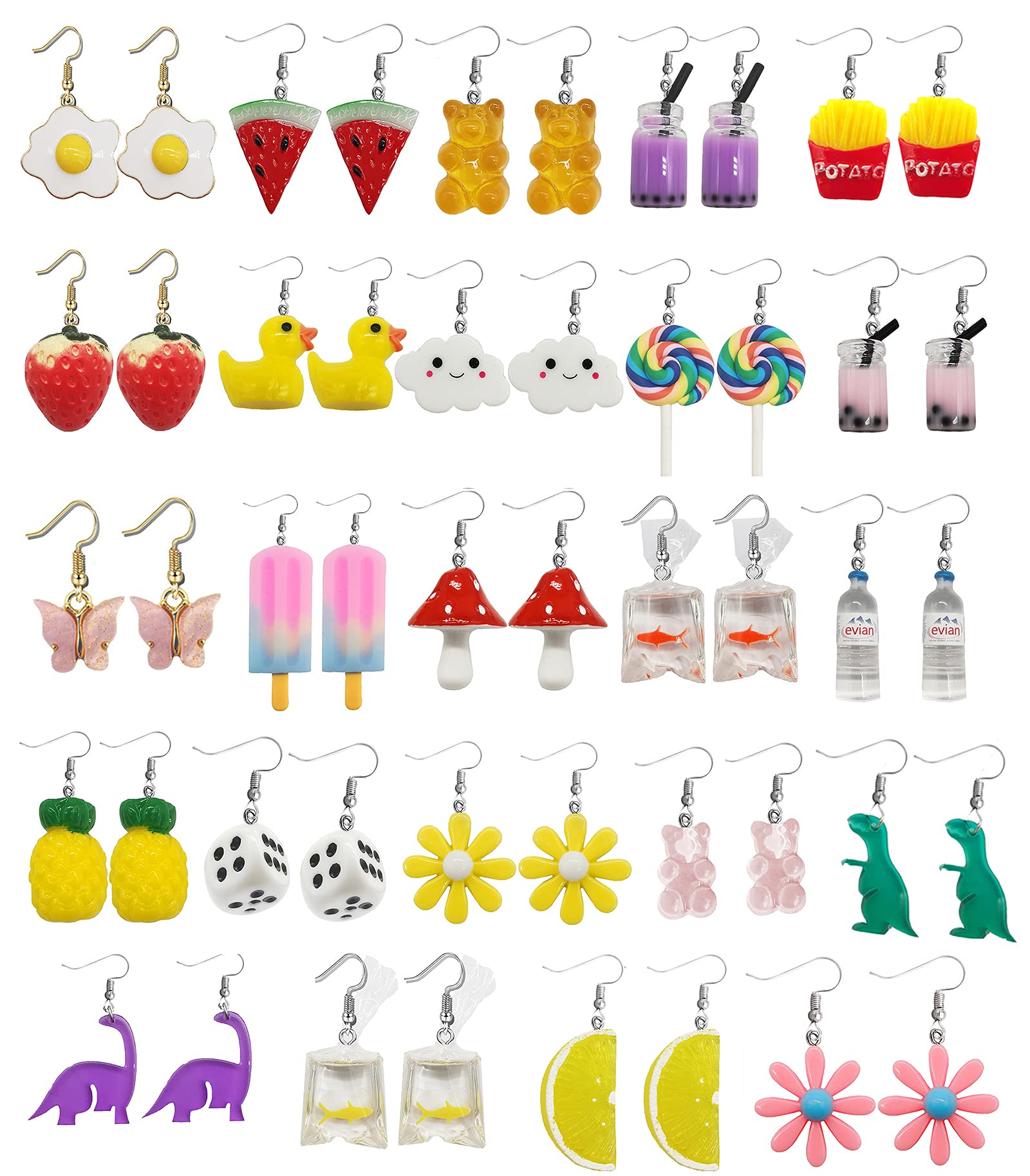 Jewdreamer 24 Pairs Cute Earrings Weird Earrings Set Funny Kawaii Earrings Fruit Gummy Bear Duck Water Bottle Goldfish Dinosaur Mushroom Butterfly Strawberry Dangle Earrings for Women