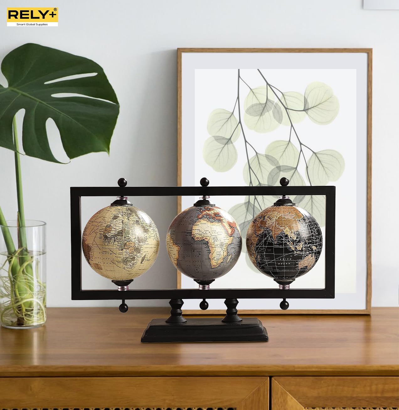 Rely+ Set of 3 4'' Earth Globe for Desk Office Decor World Globe Sturdy Metal Stand (NOT PLASTIC!) - Rotating Desktop Globe For Geographic Home Table Gift for adult Book Shelf World Landscape