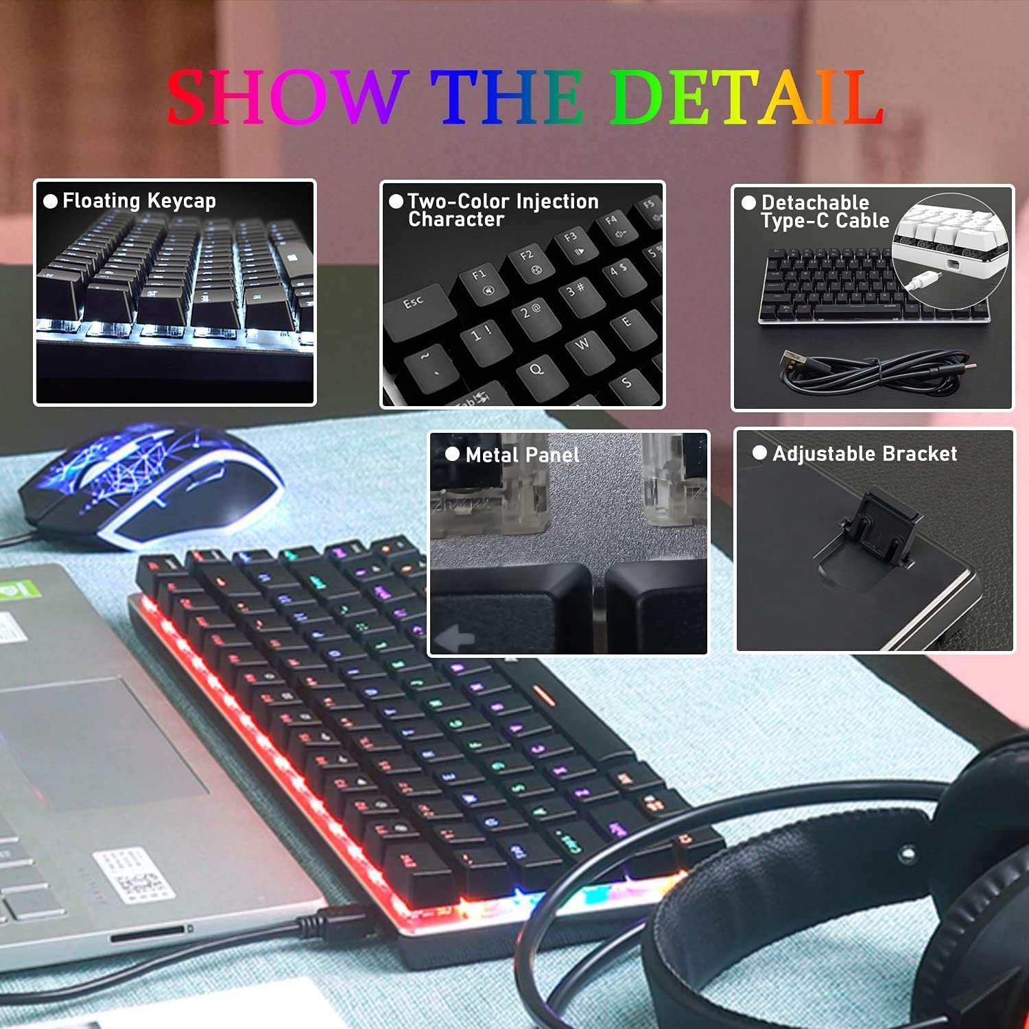 LexonElec RGB LED Backlit Wired Mechanical Gaming Keyboard,AK33 82 Keys Compact Metal Panel Computer Keyboard with 20 Lighting Effect Modes for Windows PC Gamers(RGB Black Switch)