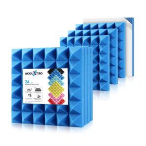 Acoustic Foam Panels with Self Adhesive 24pcs, 12"x12" x2" Soundproof Sound Insulation Absorbing Foam Panels, Studio Wedge Tiles Padding for Music Gameroom Bedroom, Acoustical Wall Panels