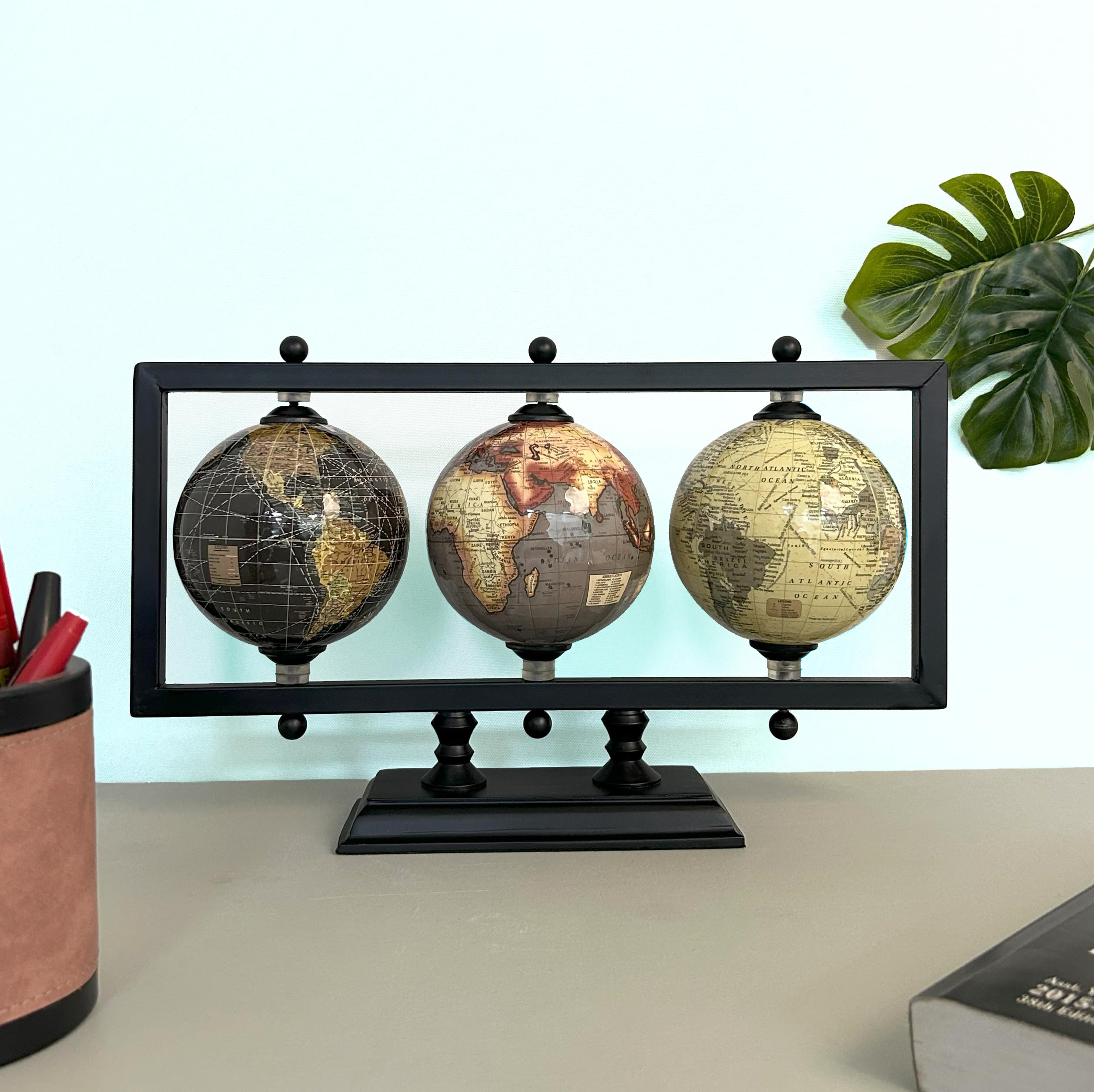 Rely+ Set of 3 4'' Earth Globe for Desk Office Decor World Globe Sturdy Metal Stand (NOT PLASTIC!) - Rotating Desktop Globe For Geographic Home Table Gift for adult Book Shelf World Landscape