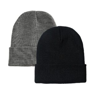 PFFY 2 Packs Unisex Beanie Hats for Men and Women Knit Winter Beanies Black+Gray