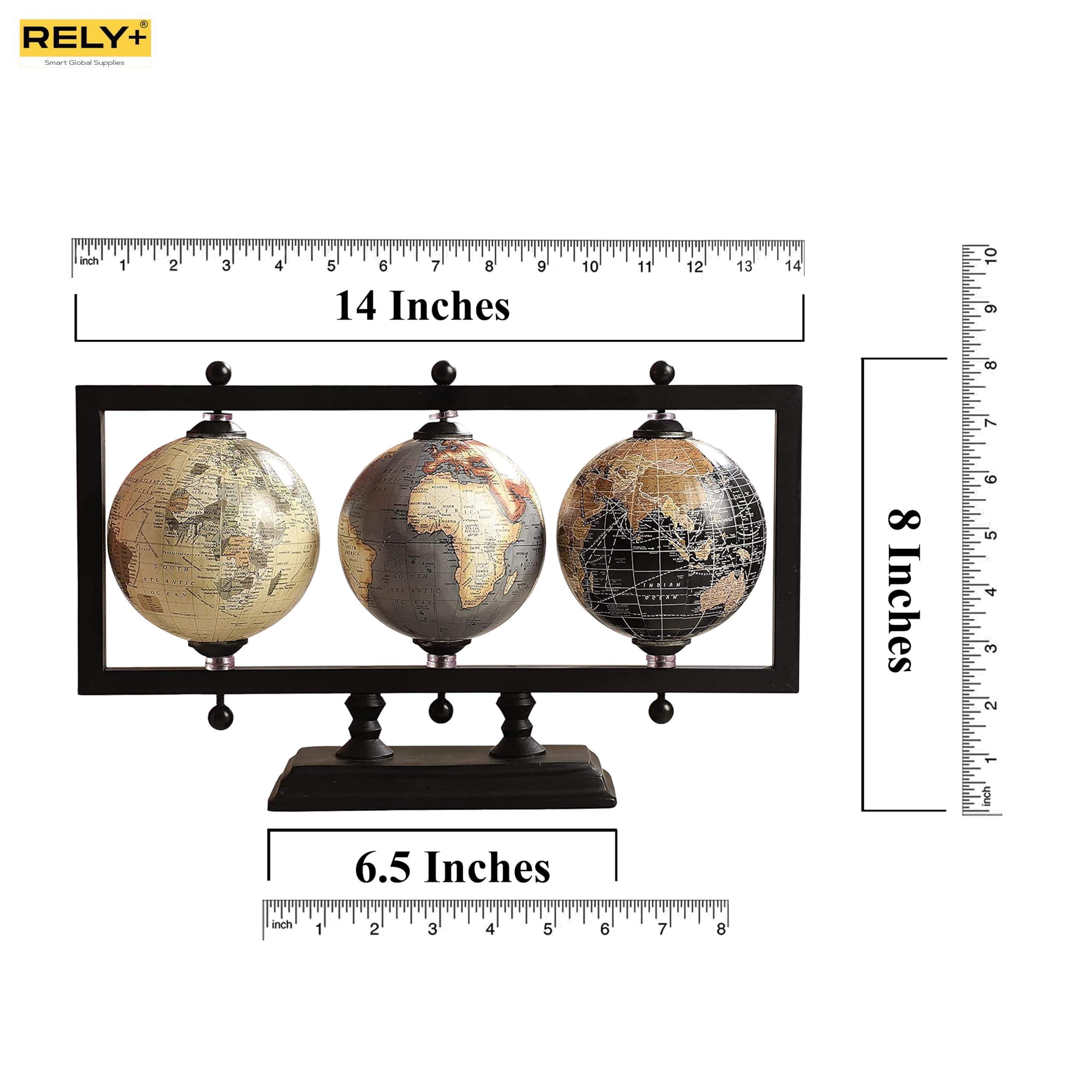 Rely+ Set of 3 4'' Earth Globe for Desk Office Decor World Globe Sturdy Metal Stand (NOT PLASTIC!) - Rotating Desktop Globe For Geographic Home Table Gift for adult Book Shelf World Landscape